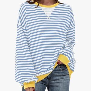 Blue and White Striped Women's Sweatshirt with Yellow Accents